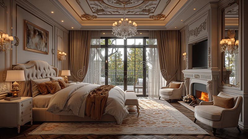 Luxurious spacious bedroom with classic elegance stock illustration