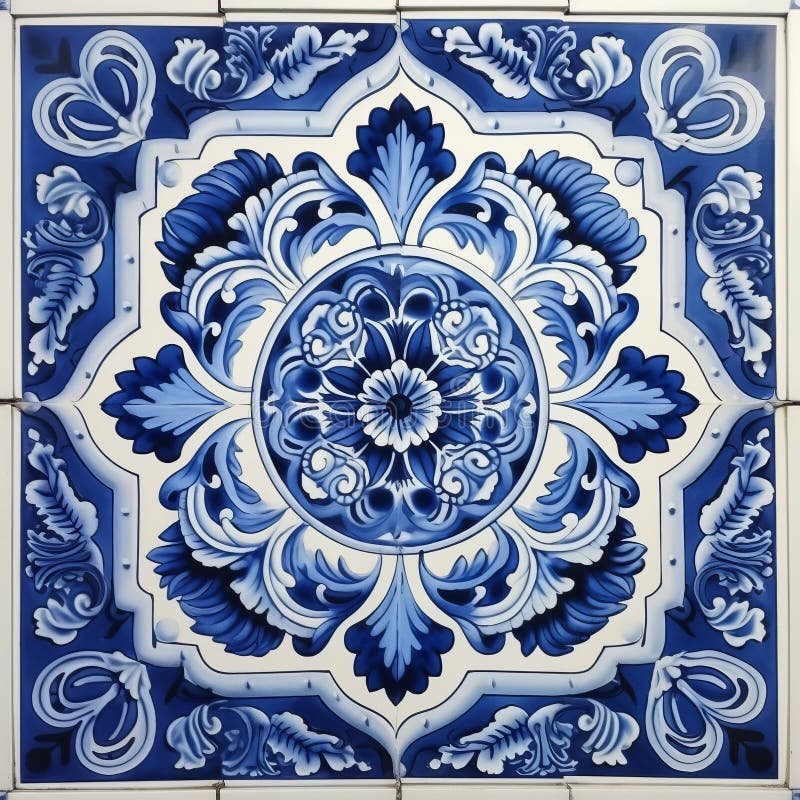 Baroque Flora Blue and White Tile Decor Stock Illustration