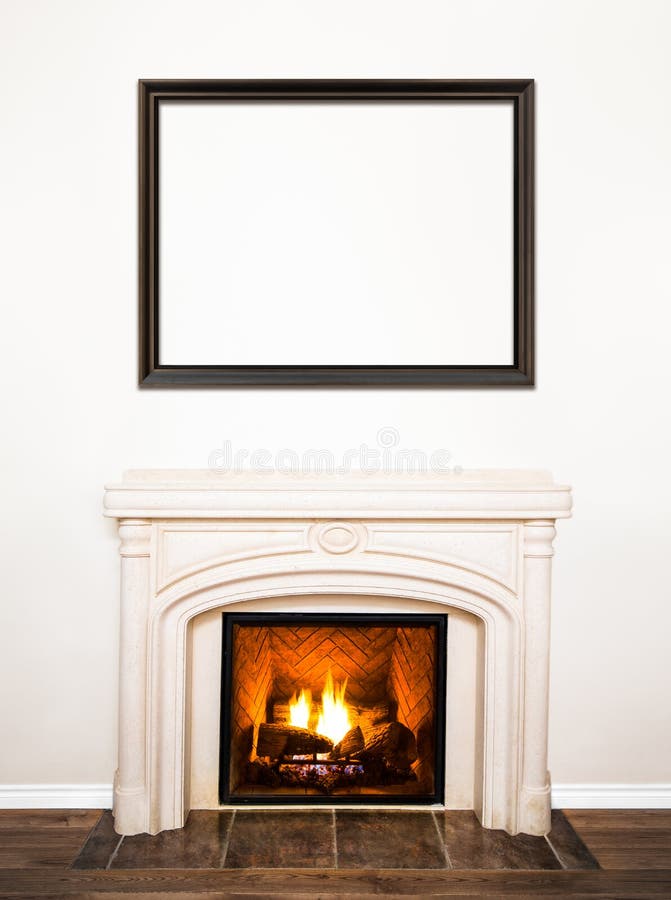 Luxurious White Marble Fireplace and empty wood frame for your text, logo, images, etc. Luxurious White Marble Fireplace and empty wood frame for your text, logo, images, etc