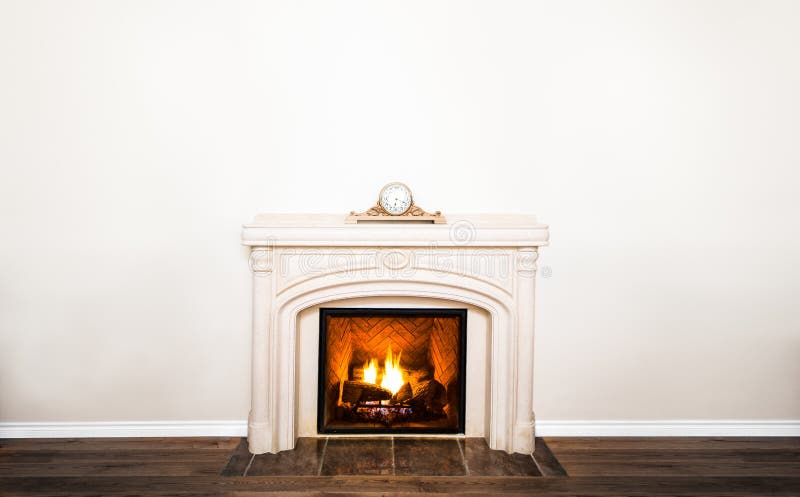 Luxurious White Marble Fireplace and empty wall for your text, logo, images, etc