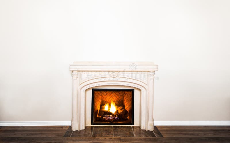 Luxurious White Marble Fireplace and empty wall for your text, logo, images, etc