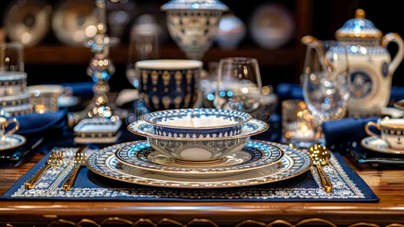 Luxuriöse blau-goldene Porzellangeschirr auf einem fein dekorierten Tisch. vektor abbildung