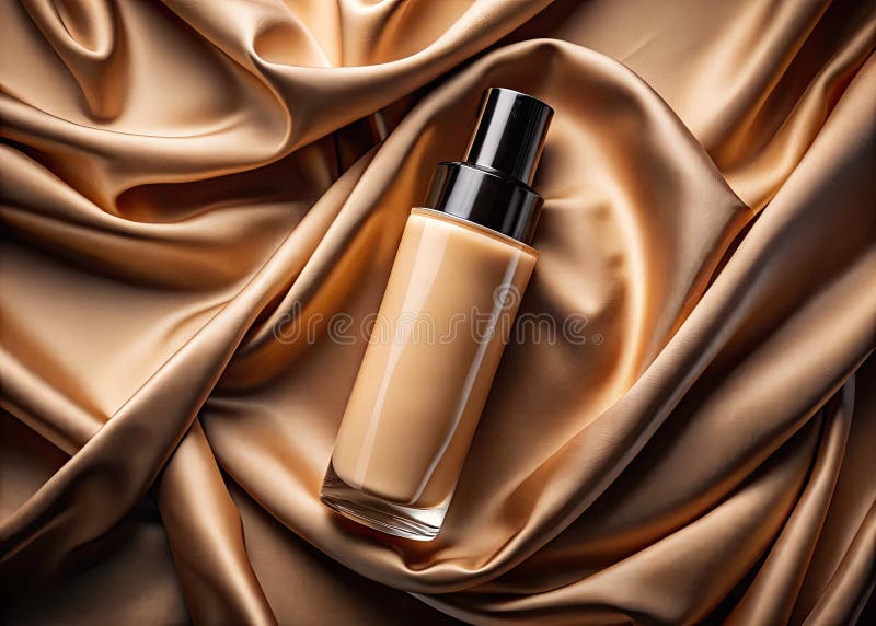 Luxuriöse Neon Skincare Flasche Minimalistische Produktfotografie mit einem einzigen Kosmetikbehälter auf einem Holz. Diese faszinierende Produktaufnahme zeigt eine elegante neonfarbene Hautpflegeflasche, die sorgfältig vor einem Hintergrund natürlicher Holzstruktur und einem weichen, fließenden Seidengewebe positioniert ist. Die minimalistische Komposition, die durch eine dramatische Beleuchtung ergänzt wird, unterstreicht das elegante Design der Flasche und die luxuriöse Ästhetik. Der starke Kontrast zwischen der lebhaften Neonfärbung der Flasche und den natürlichen Farbtönen des Holzes und