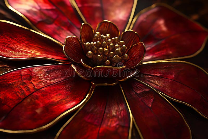 Luxuriöse Rot- und Goldblume CloseUp 3D Render of Elegant Blossom. Ein sorgfältig gestaltetes 3D-Rendering zeigt eine Nahansicht einer auffallenden Blume. Tiefe, reich strukturierte und mit Gold umrissene Kriminalblätter bilden eine faszinierende Blüte. Das Zentrum besteht aus goldenen Kugeln, die einen Hauch von Opulenz verleihen. Die dramatische Beleuchtung und die detaillierte Textur schaffen ein Gefühl von Tiefe und Luxus, das für anspruchsvolle Designanwendungen oder als Statement-Stück geeignet ist