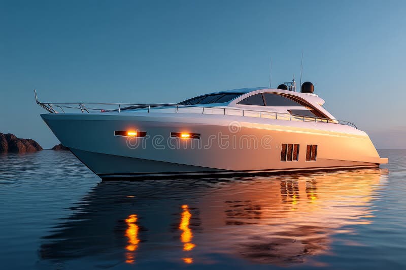 Luxuriöse Yacht wurde während eines ruhigen Sommerabends in der Nähe von Felsenküste friedlich angedockt stockfoto