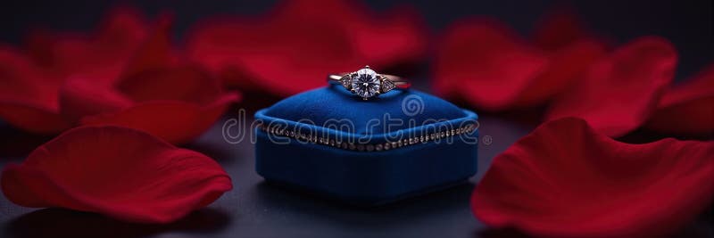 Luxuriöser Diamantenring in Samtbox mit roten Blütenblättern auf dunklem Hintergrund Valentines Day lizenzfreie abbildung