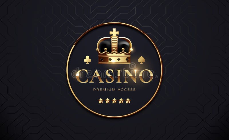 Luxuriöses Casino Emblem mit goldener Krone Spielkartenanzüge und Premium Access Stars. Elegantes Schwarz-Gold-Design für Glückssp stock abbildung