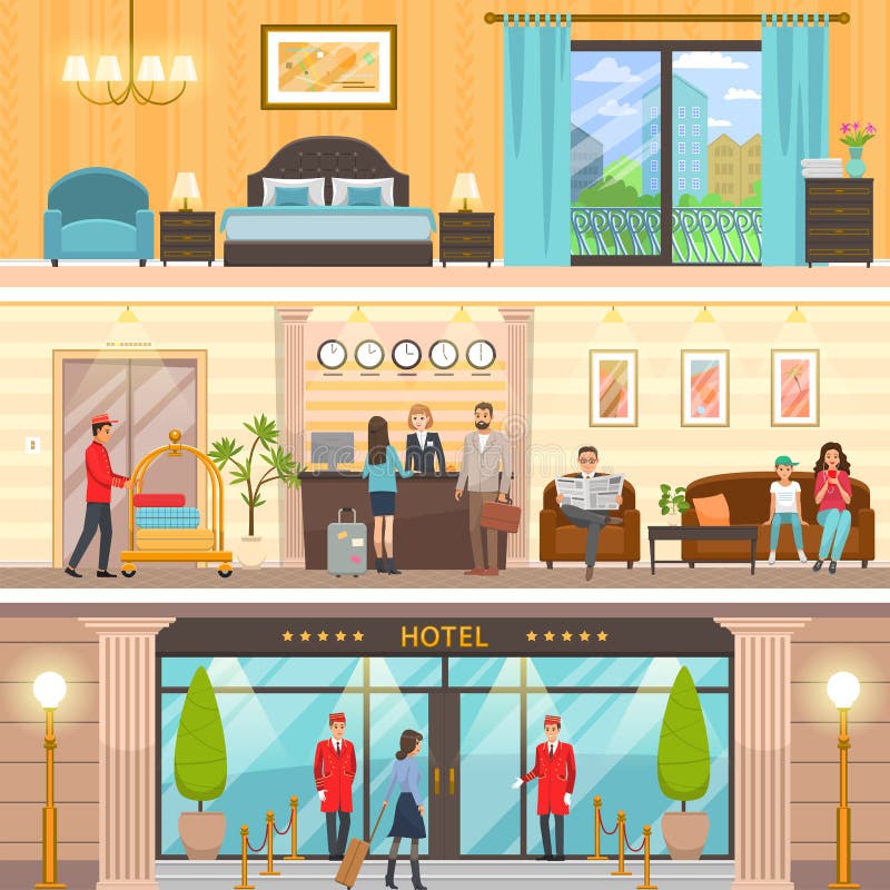 Luxuriöses Hotel-Äußeres, Aufnahme und Raum-Satz lizenzfreie abbildung Luxuriöses Hotel-Äußeres, Aufnahme und Raum-Satz lizenzfreie abbildung