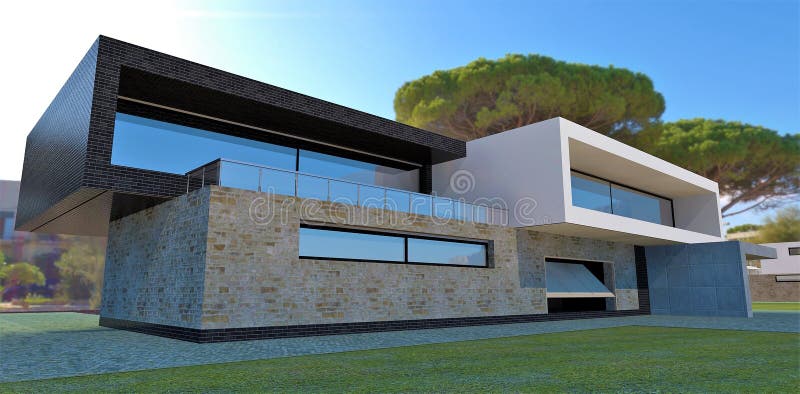 Luxury advanced high-tech house with a flat roof and a spacious terrace. vector illustration