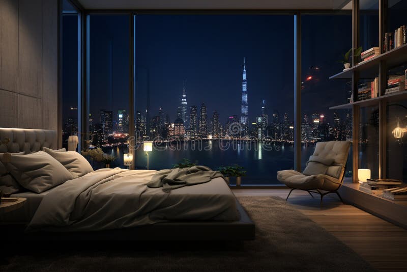 Luxury apartment bedroom with panoramic view of night city from the window.