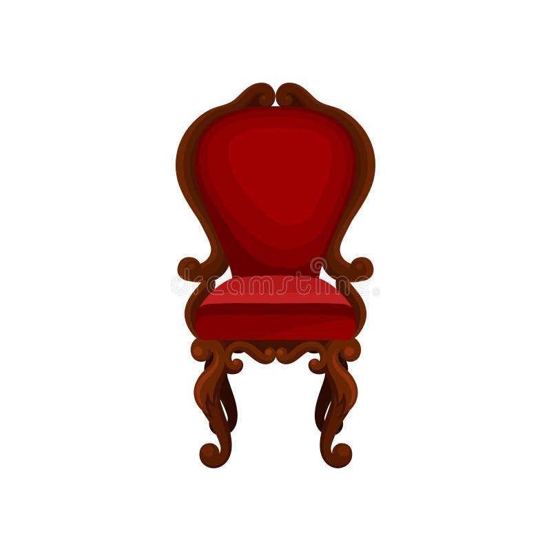 Luxury armchair for home interior. Wooden chair with red velvet trim. Antique furniture for dining room. Flat vector