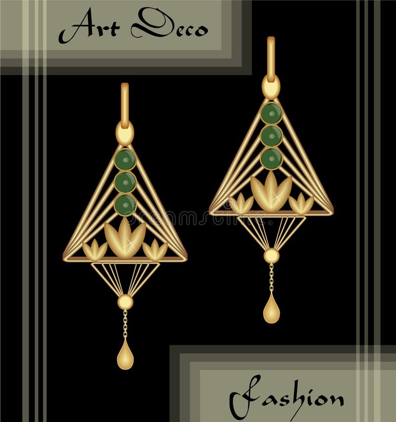 Luxury art deco filigree earrings, jewel with green emerald , antique elegant gold jewelry, fashion in victorian style vector illustration Luxury art deco filigree earrings, jewel with green emerald , antique elegant gold jewelry, fashion in victorian style vector illustration