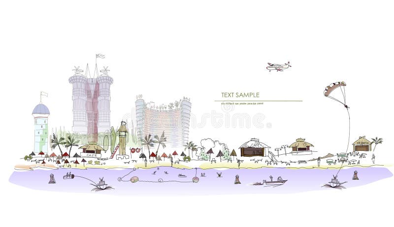 Luxury beach hotel illustration City line collection. Luxury beach hotel illustration City line collection