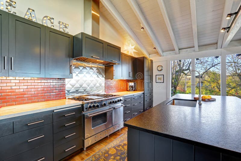 Luxury Beautiful Dark Modern Kitchen With Vaulted Wood