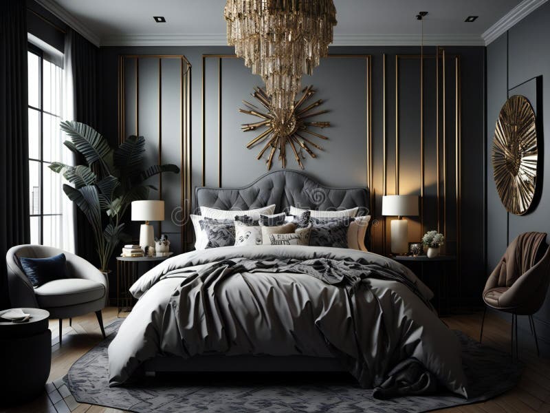 Luxury Bedroom Interior with Black and Golden Decor. Generative Ai