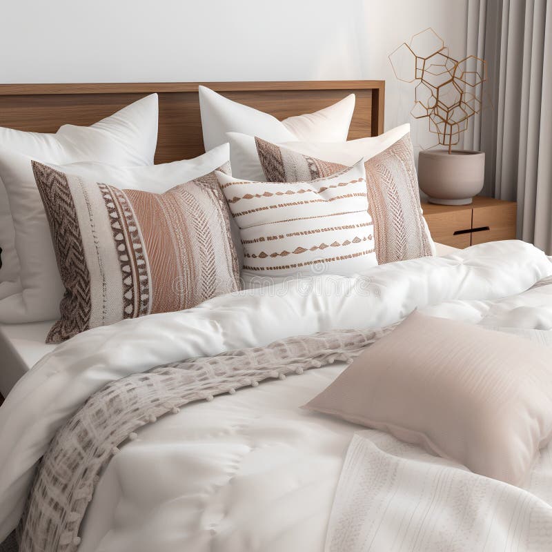 Luxury Bedroom Interior with White Pillows on the Bed. 3d Render Stock