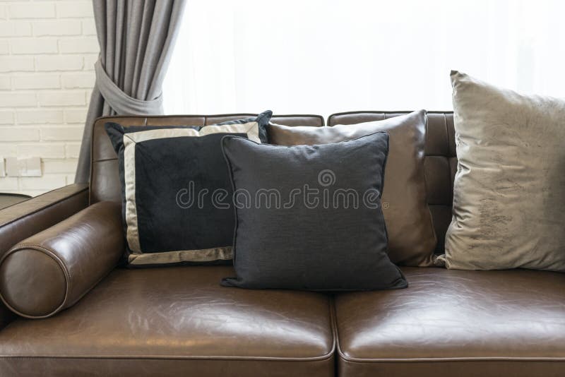 Luxury Black and Grey Pillow on Sofa in Living Room with Side Table