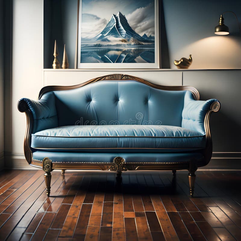 Luxury Blue Leather Sofa in the Living Room. Generative Ai Stock