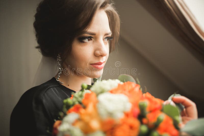 Luxury Bride in Black Robe Posing while Preparing for the Wedding Ceremony Stock Image Image