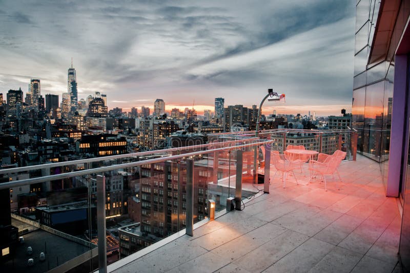 Luxury city rooftop balcony with chilling area in New York City Manhattan midtown. Elite real estate concept. stock photos Luxury city rooftop balcony with chilling area in New York City Manhattan midtown. Elite real estate concept. stock photos