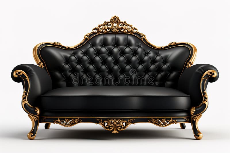 Luxury Classic Black and Gold Leather Capitone Buttoned Sofa, Isolated