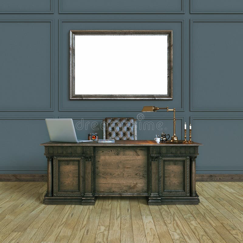 Luxury classic wooden office cabinet with mock up poster. Top vi vector illustration