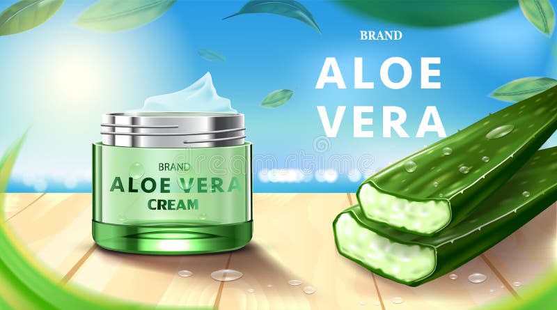 Luxury cosmetic Bottle package skin care cream, Beauty cosmetic product poster, with Aloe vera and wooden floor on beach backgroun stock illustration Luxury cosmetic Bottle package skin care cream, Beauty cosmetic product poster, with Aloe vera and wooden floor on beach backgroun stock illustration