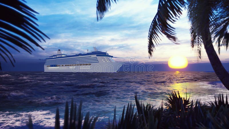 A luxury cruise ship docked near an island with palm trees and tropical plants in the wind at sunset. 3D Rendering vector illustration A luxury cruise ship docked near an island with palm trees and tropical plants in the wind at sunset. 3D Rendering vector illustration