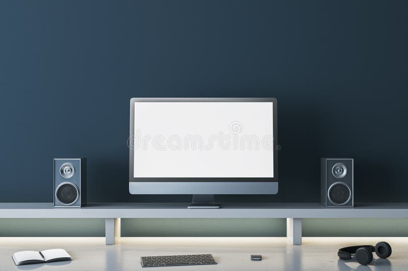 Luxury Dark Designer Workplace with Empty Mock Up Computer Screen, Loud