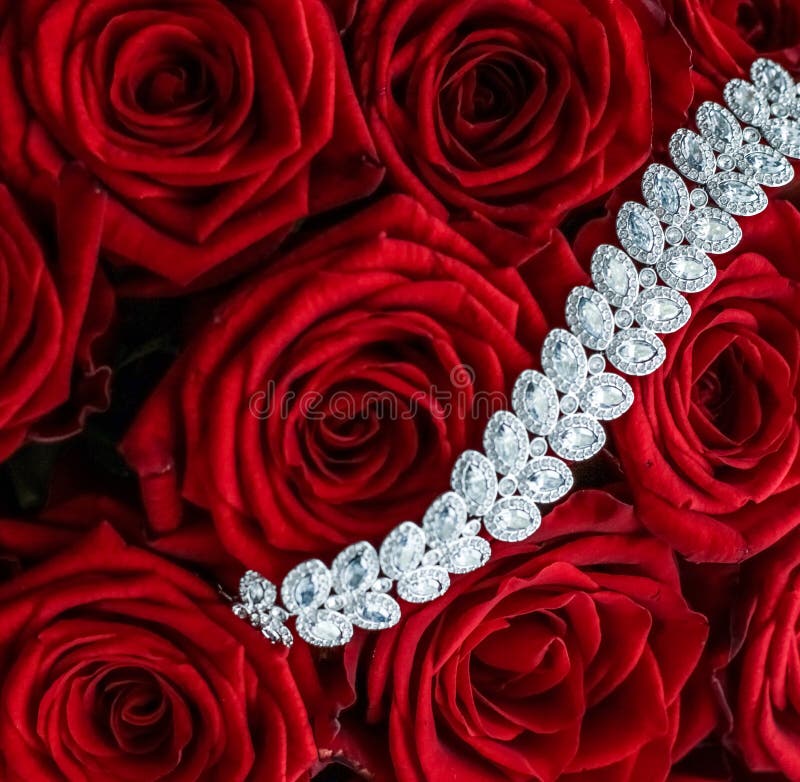 Luxury Diamond Bracelet And Bouquet Of Red Roses, Jewelry Love Gift On ...