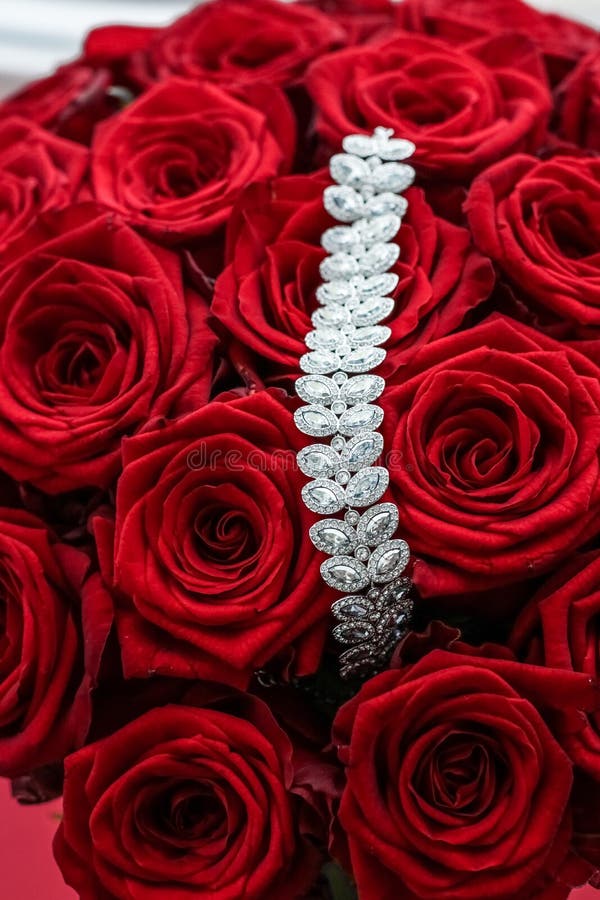 Luxury Diamond Bracelet and Bouquet of Red Roses, Jewelry Love Gift on ...