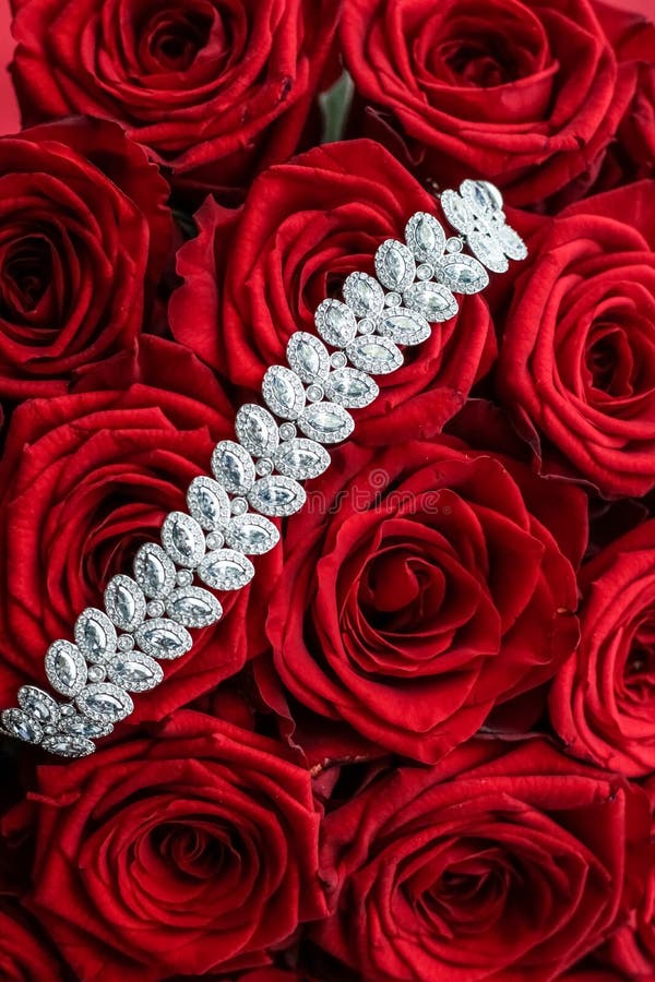 Luxury Diamond Bracelet and Bouquet of Red Roses, Jewelry Love Gift on ...