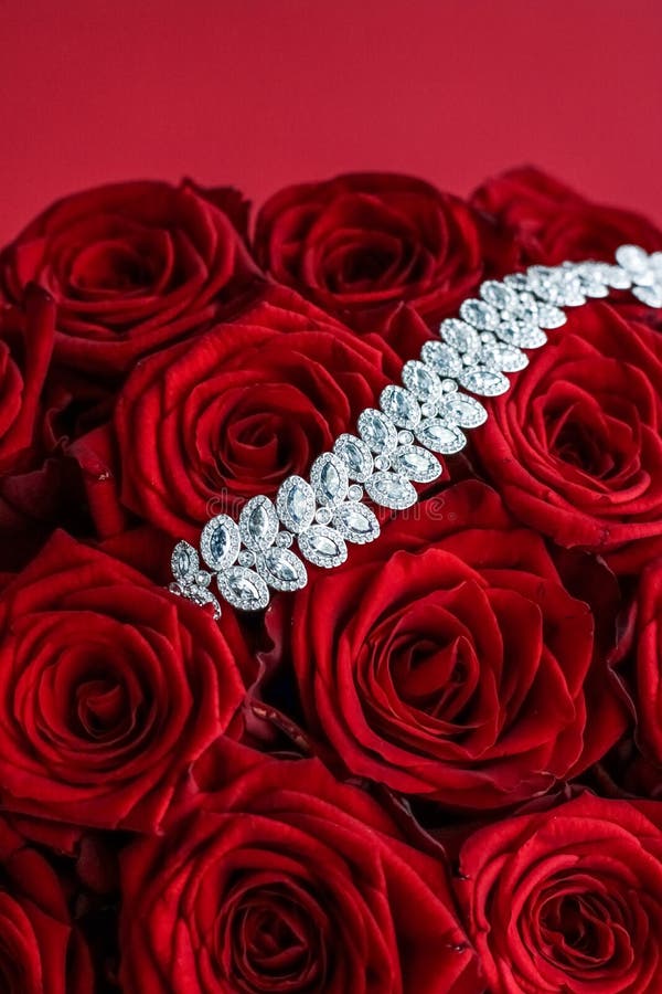 Luxury Diamond Bracelet and Bouquet of Red Roses, Jewelry Love Gift on ...