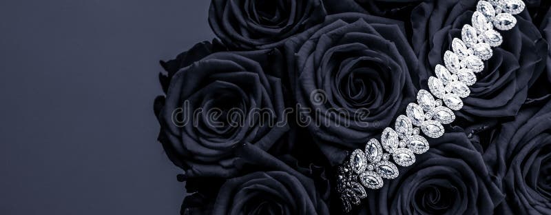 Luxe branding, glamour fashion and boutique shopping concept - Luxury diamond jewelry bracelet and black roses flowers, love gift on Valentines Day and jewellery brand holiday background design