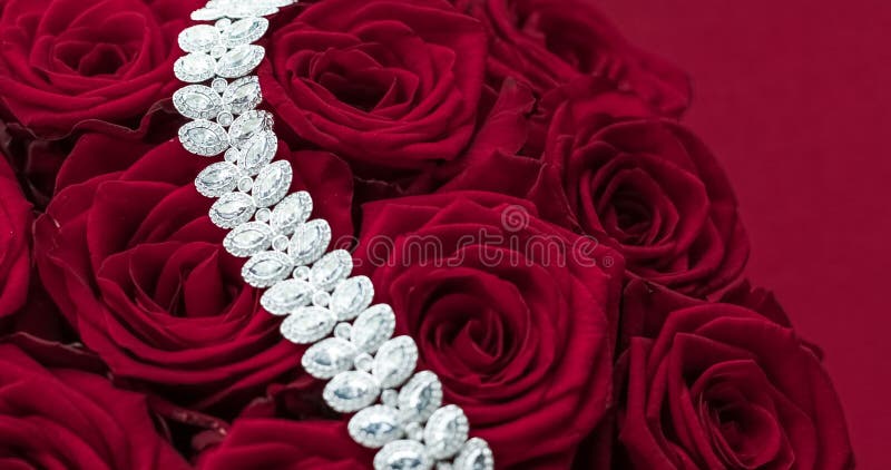 Luxury Diamond Jewelry Bracelet And Red Roses Flowers, Love Gift On ...