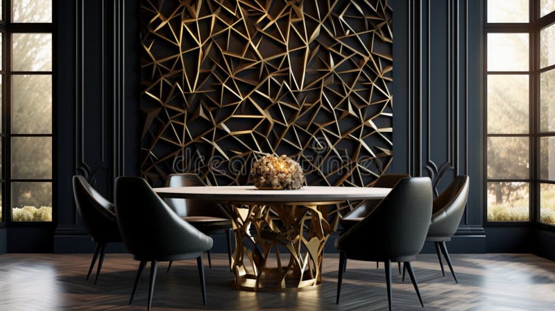A Luxury Dining Room with a 3D Geometric Wall Pattern in Black and Gold
