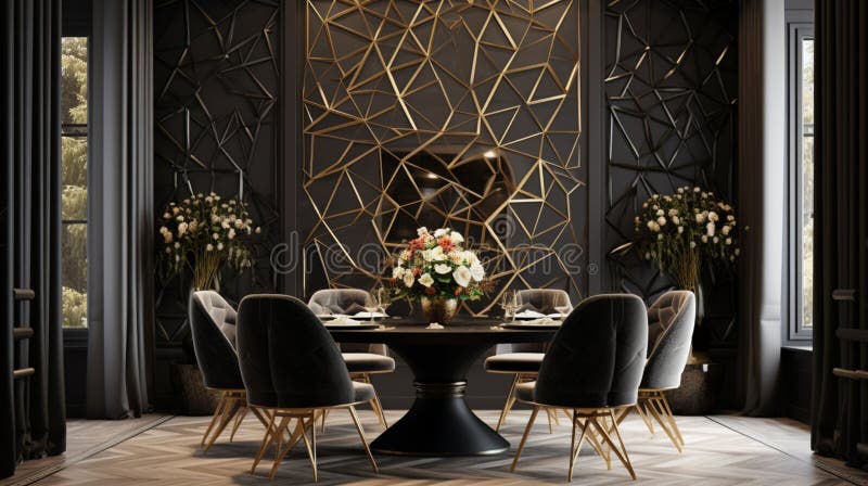 A Luxury Dining Room with a 3D Geometric Wall Pattern in Black and Gold