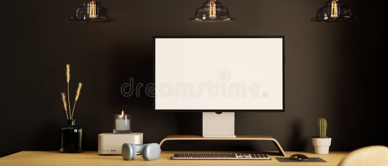 Luxury elegance dark workspace interior with pc desktop computer against black wall vector illustration