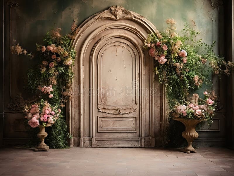 luxury elegant Garden background door beautiful pink flowers , big windows , room for copyempty