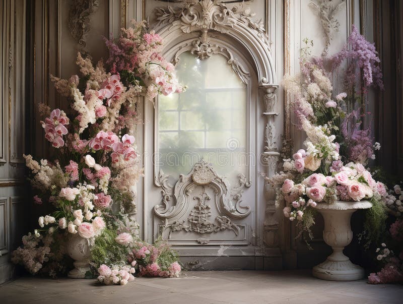 luxury elegant Garden background prop beautiful pink flowers , big windows , room for copyempty