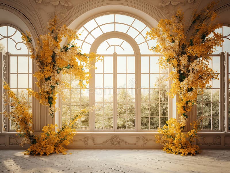 luxury elegant Garden background prop beautiful yellow flowers , big windows , room for copyempty