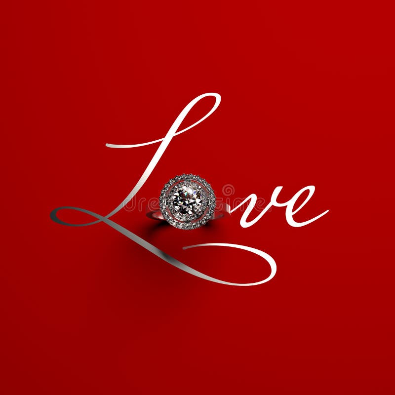Luxury Engagement Ring in White Gold with Diamonds As the Letter `O` in the  Handwritten Word LOVE on a Dark Red Background. Stock Image - Image of  background, render: 207874821