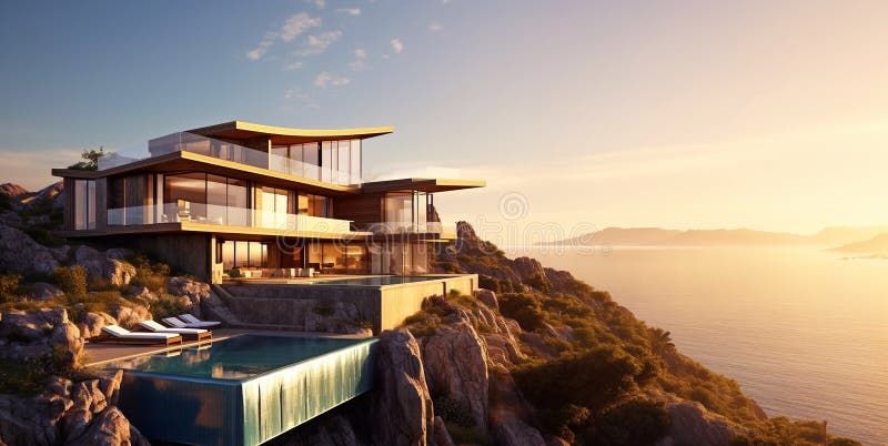 Luxury expensive modern villa house on mountain with beautiful view. AI Generative vector illustration