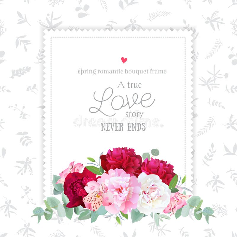 Luxury floral vector design square frame. Peony, alstroemeria lily, eucaliptus. vector illustration Luxury floral vector design square frame. Peony, alstroemeria lily, eucaliptus. vector illustration