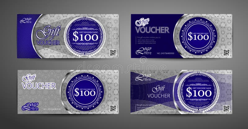 Luxury gift voucher template collection. Set of blue and silver coupon template. Vector royalty free illustration