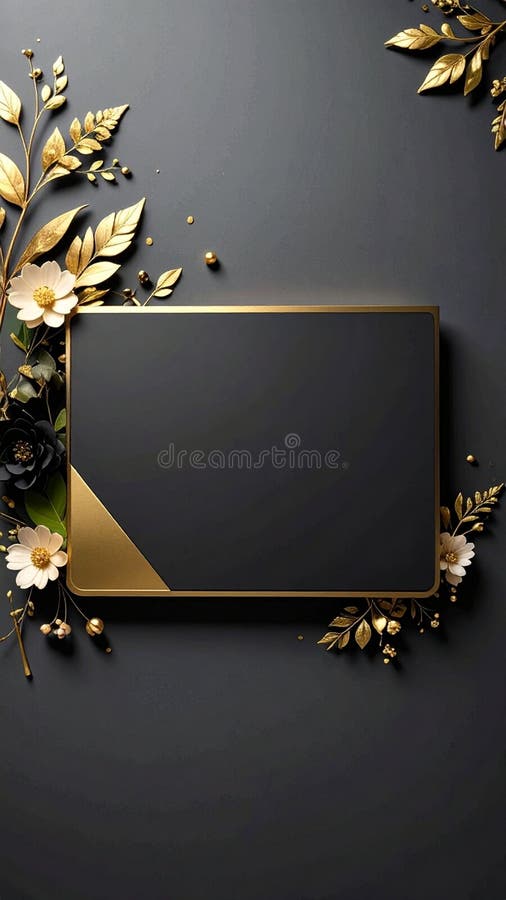 Luxury gold and black frame with decorative floral elements on a sophisticated dark grey backdrop stock photos