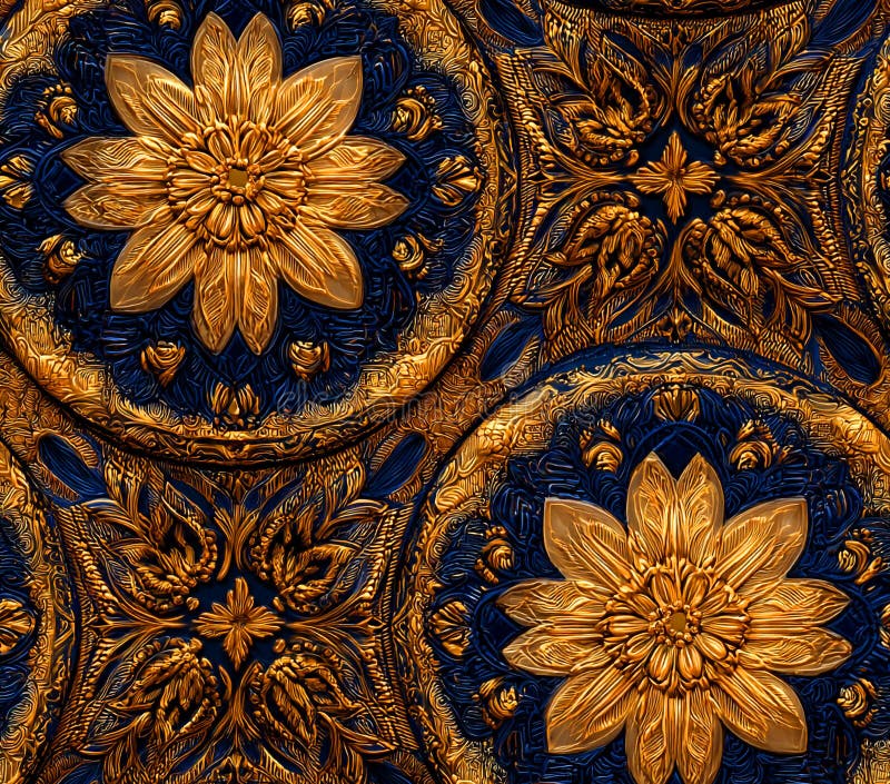 Luxury Gold and Blue Floral Textile Pattern Detailed CloseUp stock illustration