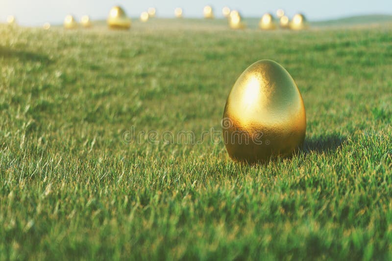 Luxury gold egg on grass. Holiday and easter symbol. Concept spring holidays. Golden eggs on the grass in a beautiful sunny day, 3D illustration