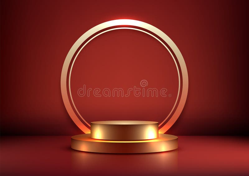 Luxury Gold Podium with Glowing Circle on Red Backdrop for Chinese New Year Showcase and Elegant Product Display vector illustration