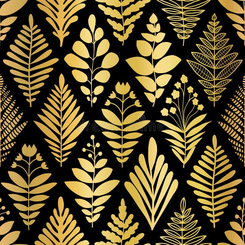 Luxury Golden Art Deco Floral Nature Background Vector with Gold Foil Faux Texture Plants, Leaves and Flowers Illustration - of decor, elegance: 209849091